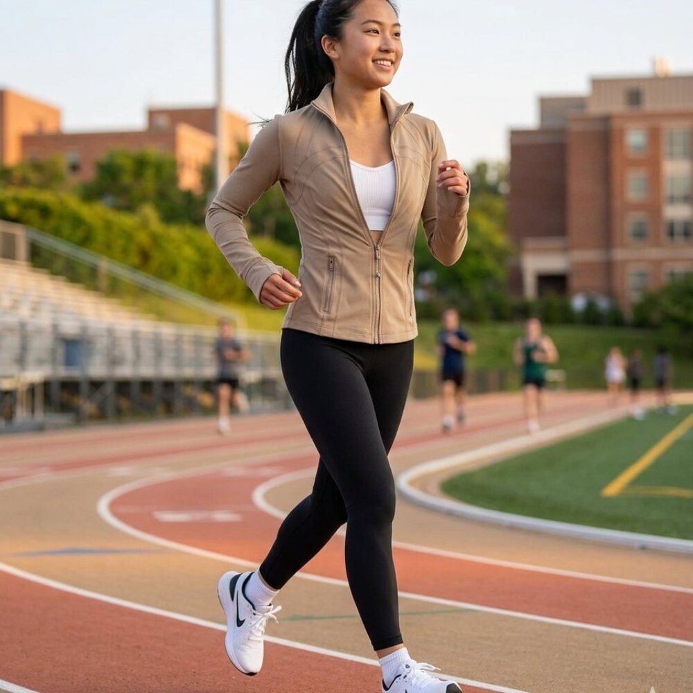 90 Degree by Reflex Beige Basic Jacket S Full Zip, Zipped Pockets, Thumb Holes